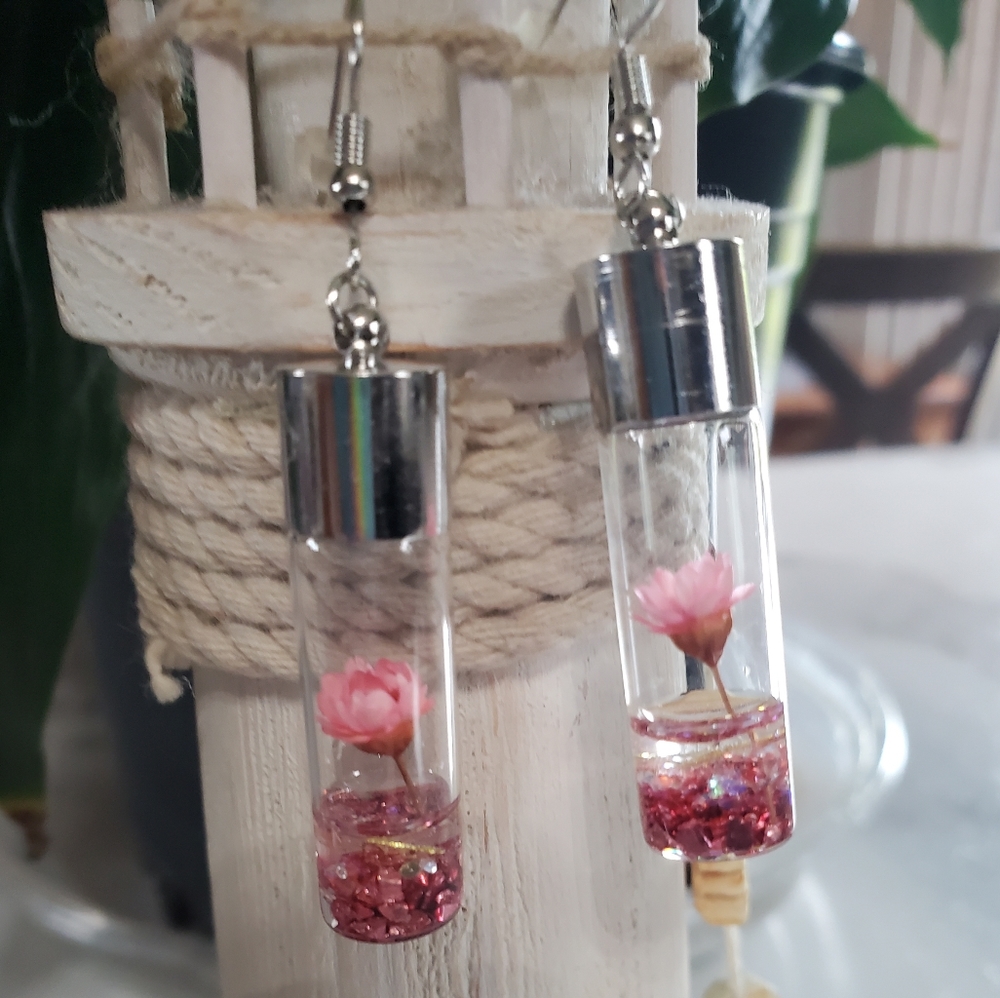 Pink Wish Flowers Glass Bottle Dangle Earrings - Picture 11 of 14